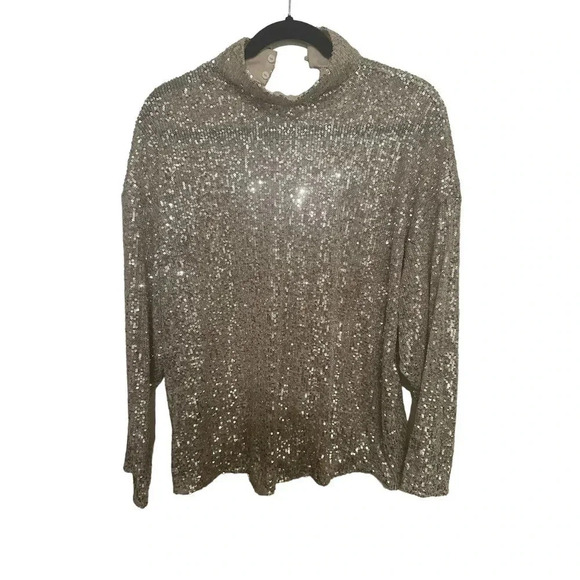 H&M Women's Silver Long Sleeves Sequin High Neck Oversized Top Size S/M - Picture 2 of 7